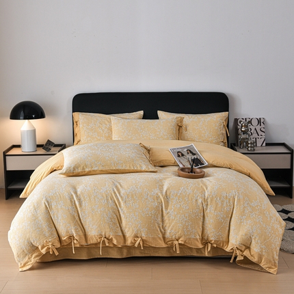 91家纺网 家纺一手货源 找家纺 娜娜 2024新款全棉双层纱大提花四件套 栀子花-黄