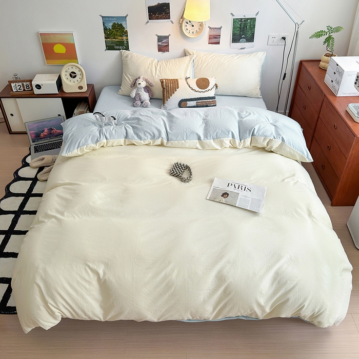 91家纺网 家纺一手货源 找家纺 沐芷 2024新款超柔105g纯色水洗棉四件套-柔雅系列 柔雅-米黄冰蓝