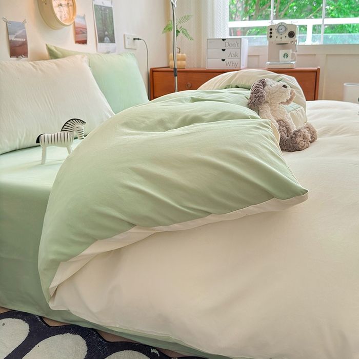 91家纺网 家纺一手货源 找家纺 沐芷 2024新款超柔105g纯色水洗棉四件套-柔雅系列 柔雅-米黄草绿