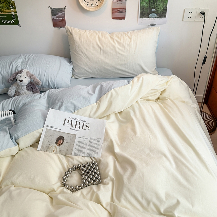 91家纺网 家纺一手货源 找家纺 沐芷 2024新款超柔105g纯色水洗棉四件套-柔雅系列 柔雅-米黄冰蓝