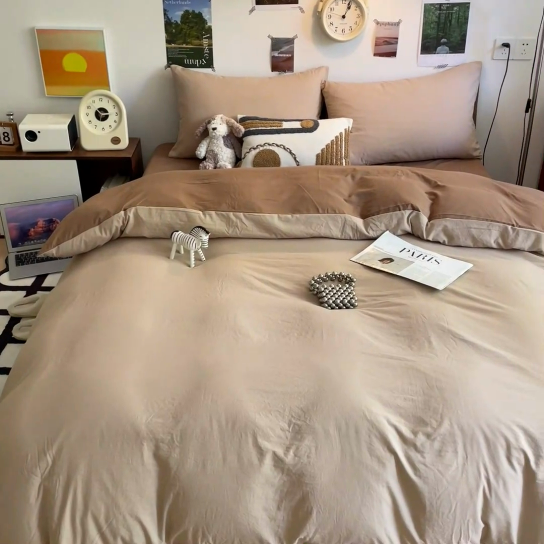 91家纺网 家纺一手货源 找家纺 沐芷 2024新款超柔105g纯色水洗棉四件套-柔雅系列 柔雅-奶茶棕咖