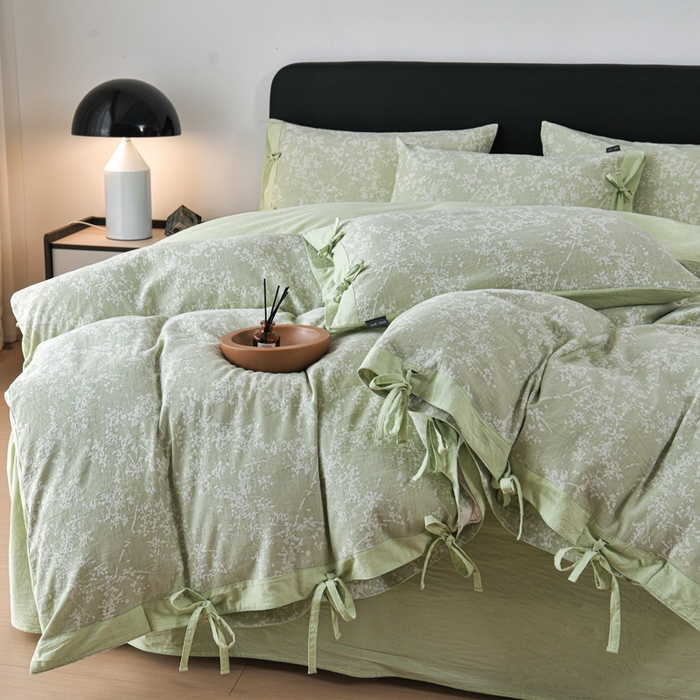 91家纺网 家纺一手货源 找家纺 娜娜 2024新款全棉双层纱大提花四件套 栀子花-浅绿