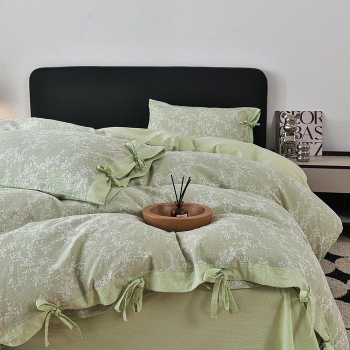 91家纺网 家纺一手货源 找家纺 娜娜 2024新款全棉双层纱大提花四件套 栀子花-浅绿