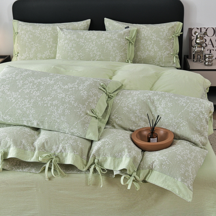 91家纺网 家纺一手货源 找家纺 娜娜 2024新款全棉双层纱大提花四件套 栀子花-浅绿