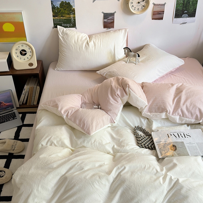 91家纺网 家纺一手货源 找家纺 沐芷 2024新款超柔105g纯色水洗棉四件套-柔雅系列 柔雅-奶白粉玉