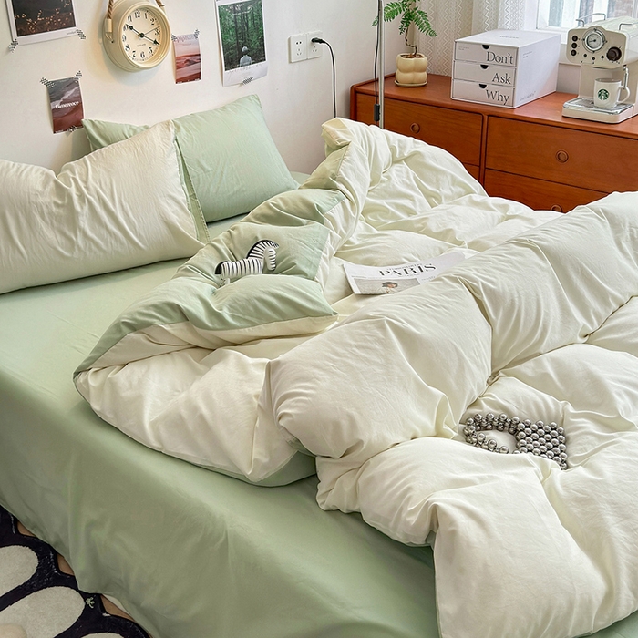91家纺网 家纺一手货源 找家纺 沐芷 2024新款超柔105g纯色水洗棉四件套-柔雅系列 柔雅-米黄草绿
