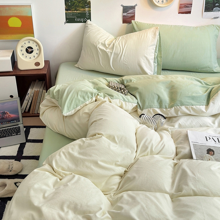 91家纺网 家纺一手货源 找家纺 沐芷 2024新款超柔105g纯色水洗棉四件套-柔雅系列 柔雅-米黄草绿