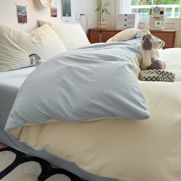 91家纺网 家纺一手货源 找家纺 沐芷 2024新款超柔105g纯色水洗棉四件套-柔雅系列 柔雅-米黄冰蓝