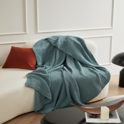 91家纺网 家纺一手货源 找家纺 EH家居 2024新款纯棉四层皱皱纱毯盖毯休闲毯 包边款-青蓝