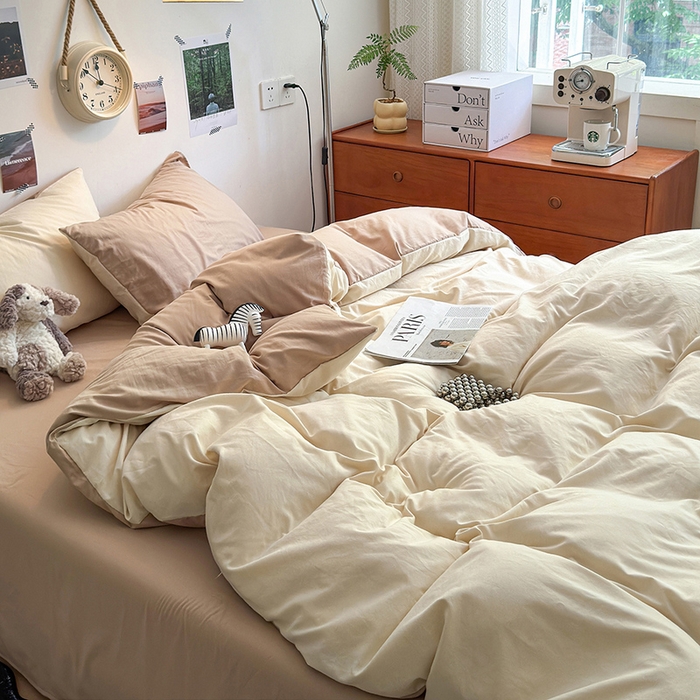 91家纺网 家纺一手货源 找家纺 沐芷 2024新款超柔105g纯色水洗棉四件套-柔雅系列 柔雅-杏色奶茶