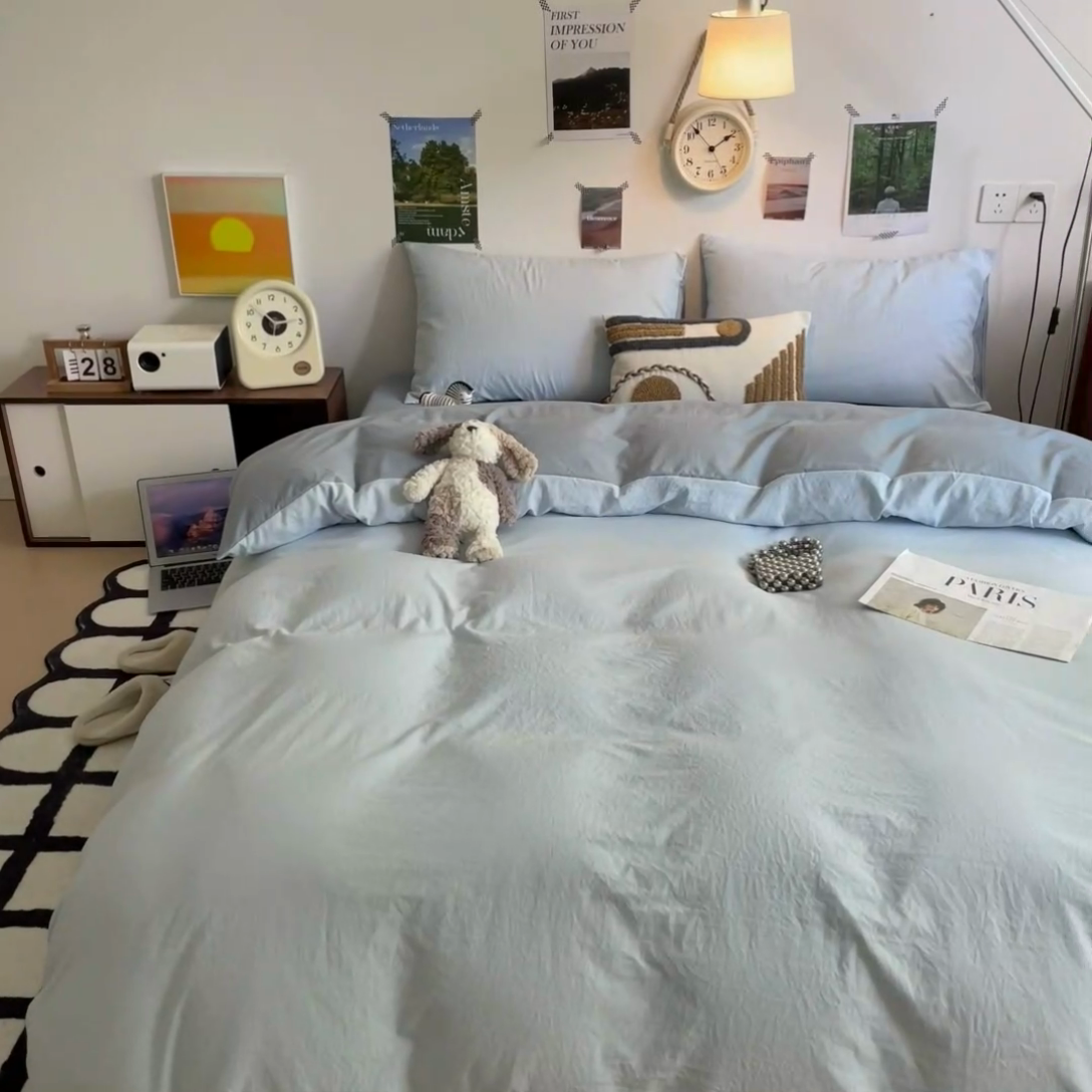 91家纺网 家纺一手货源 找家纺 （总）沐芷 2024新款超柔105g纯色水洗棉四件套床上用品床单被套宿舍三件套