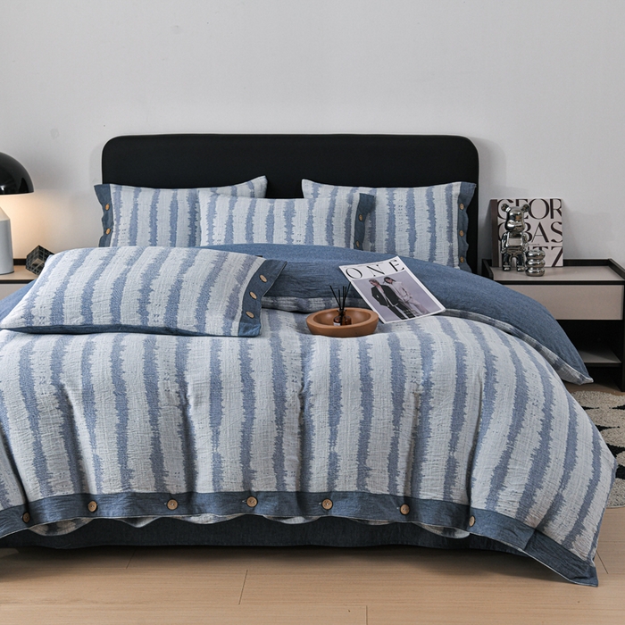 91家纺网 家纺一手货源 找家纺 娜娜 2024新款全棉双层纱大提花四件套 条纹-深蓝