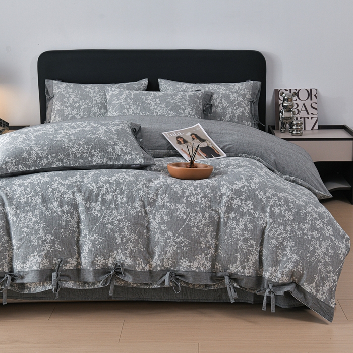 91家纺网 家纺一手货源 找家纺 娜娜 2024新款全棉双层纱大提花四件套 栀子花-深灰