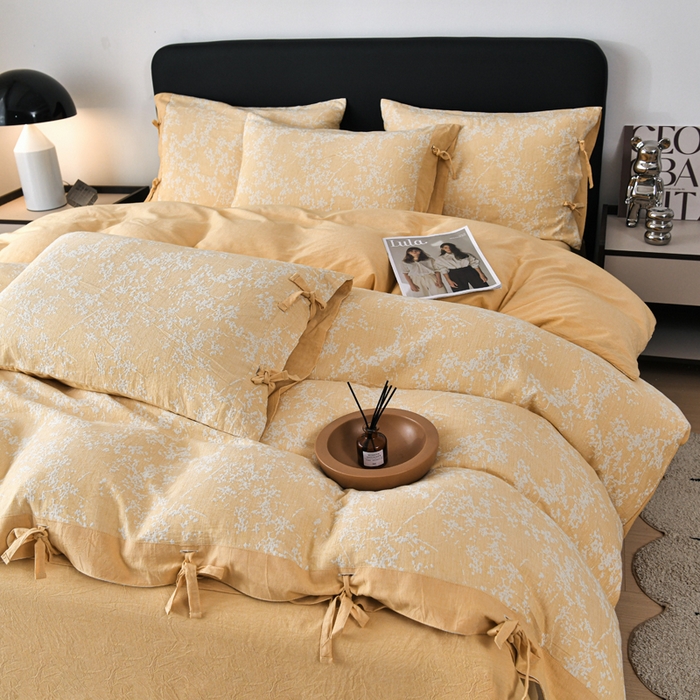 91家纺网 家纺一手货源 找家纺 娜娜 2024新款全棉双层纱大提花四件套 栀子花-黄