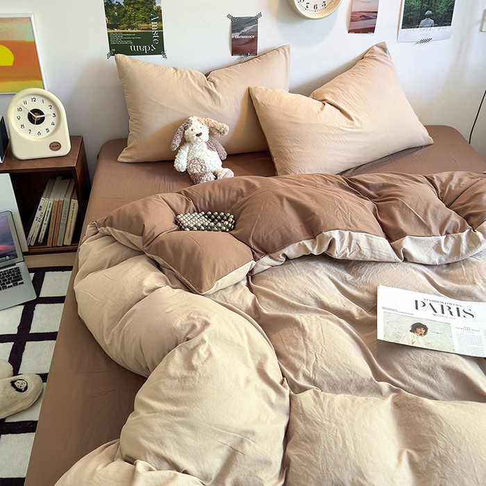 91家纺网 家纺一手货源 找家纺 沐芷 2024新款超柔105g纯色水洗棉四件套-柔雅系列 柔雅-奶茶棕咖