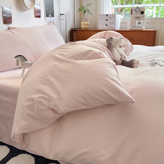 91家纺网 家纺一手货源 找家纺 沐芷 2024新款超柔105g纯色水洗棉四件套-柔雅系列 柔雅-纯粉玉