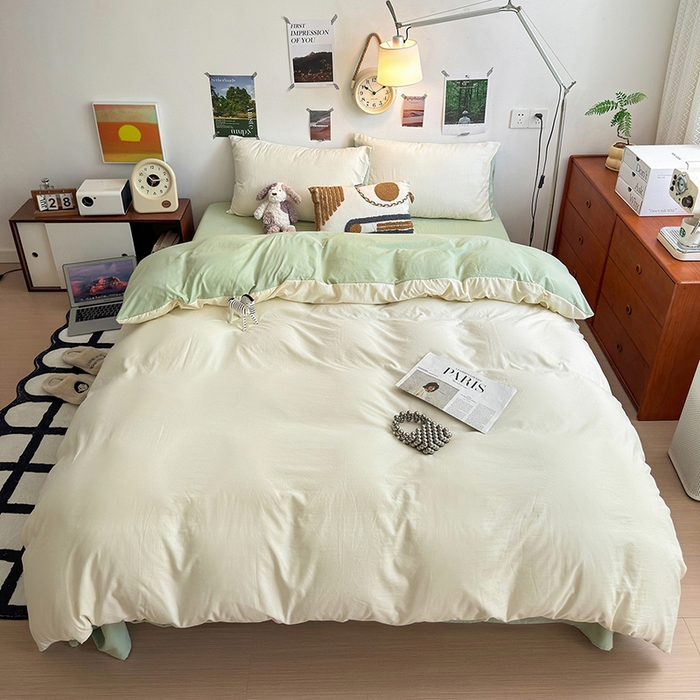 91家纺网 家纺一手货源 找家纺 沐芷 2024新款超柔105g纯色水洗棉四件套-柔雅系列 柔雅-米黄草绿