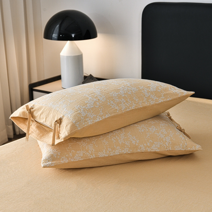 91家纺网 家纺一手货源 找家纺 娜娜 2024新款全棉双层纱大提花四件套 栀子花-黄