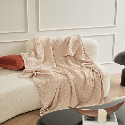 91家纺网 家纺一手货源 找家纺 EH家居 2024新款纯棉四层皱皱纱毯盖毯休闲毯 包边款-裸粉色