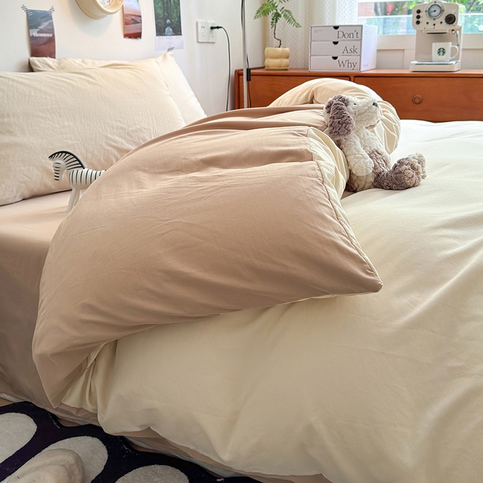 91家纺网 家纺一手货源 找家纺 沐芷 2024新款超柔105g纯色水洗棉四件套-柔雅系列 柔雅-杏色奶茶