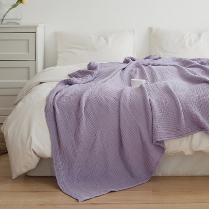 EH家居 2024新款纯棉四层皱皱纱毯盖毯休闲毯 包边款-香芋紫