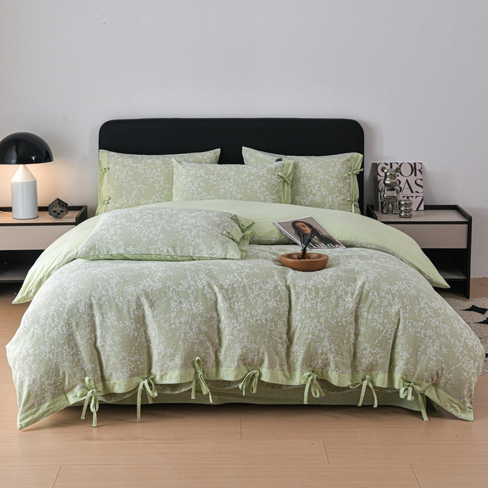 91家纺网 家纺一手货源 找家纺 娜娜 2024新款全棉双层纱大提花四件套 栀子花-浅绿