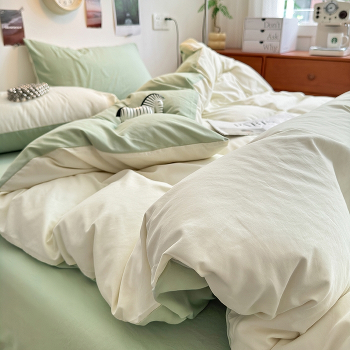 91家纺网 家纺一手货源 找家纺 沐芷 2024新款超柔105g纯色水洗棉四件套-柔雅系列 柔雅-米黄草绿