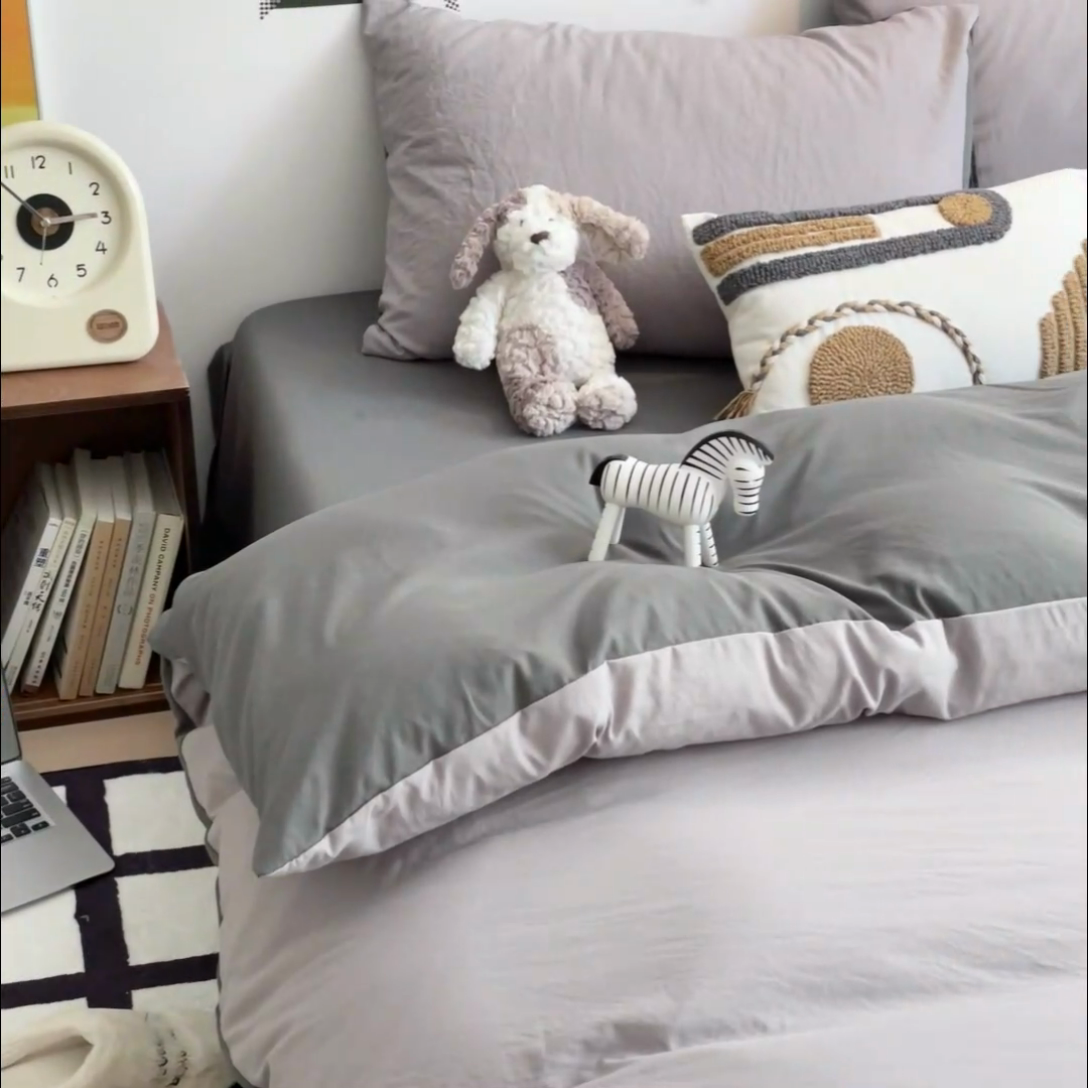 91家纺网 家纺一手货源 找家纺 沐芷 2024新款超柔105g纯色水洗棉四件套-柔雅系列 柔雅-中灰高及灰