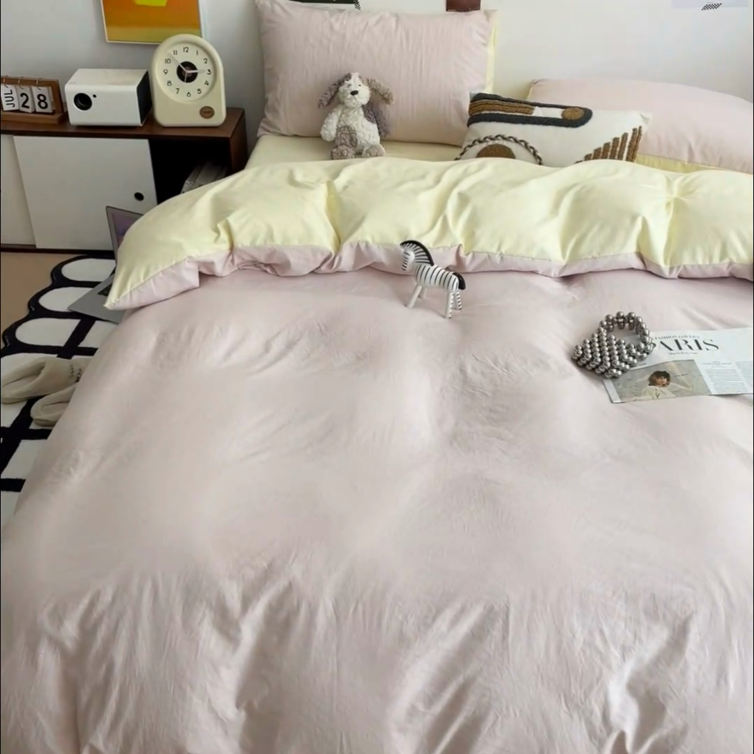 91家纺网 家纺一手货源 找家纺 沐芷 2024新款超柔105g纯色水洗棉四件套-柔雅系列 柔雅-粉玉芝士