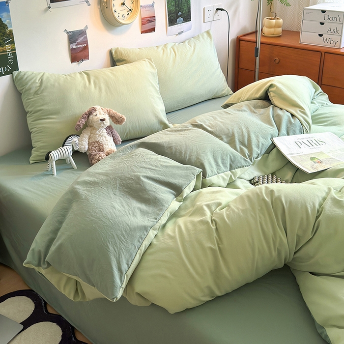 91家纺网 家纺一手货源 找家纺 沐芷 2024新款超柔105g纯色水洗棉四件套-柔雅系列 柔雅-草绿果绿