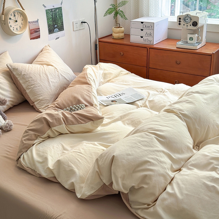 91家纺网 家纺一手货源 找家纺 沐芷 2024新款超柔105g纯色水洗棉四件套-柔雅系列 柔雅-杏色奶茶