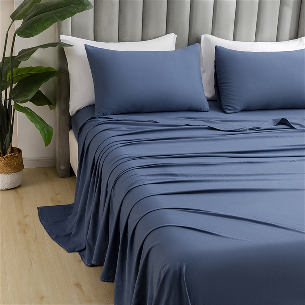 91家纺网 家纺一手货源 找家纺 2025款跨境外贸纯色磨毛床单套装 三件套 床上用品 外贸专供 可定制 雾蓝