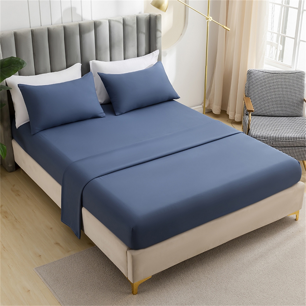 91家纺网 家纺一手货源 找家纺 2025款跨境外贸纯色磨毛床单床笠套装 三、四件套床上用品 外贸专供可定制 雾蓝