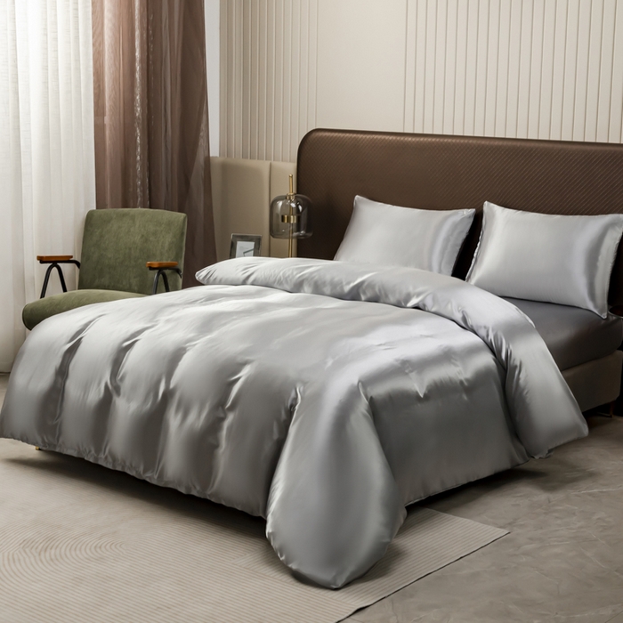 91家纺网 家纺一手货源 找家纺 2025款仿真丝色丁被套+枕套套装 床上用品三件套跨境外贸纯色水洗真丝爆款可定制 银灰