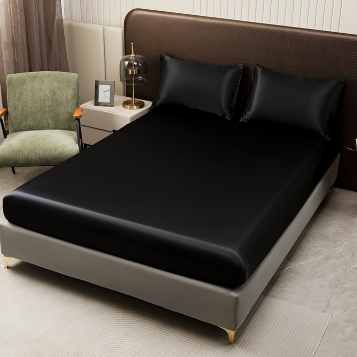 91家纺网 家纺一手货源 找家纺 2025款仿真丝色丁床笠+床单+枕套套装四件套床上用品跨境外贸纯色水洗真丝爆款 可定制 黑色