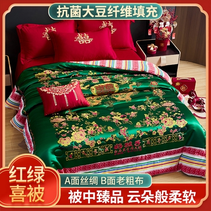91家纺网 家纺一手货源 找家纺 玉雅家纺 2025新款婚庆绸缎被面结婚喜被龙凤百子单被套 多子多福-绿-被子