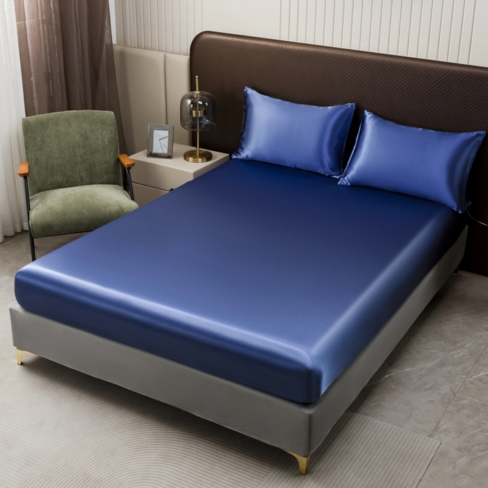 91家纺网 家纺一手货源 找家纺 2025款仿真丝色丁床笠+枕套套装三件套床上用品跨境外贸纯色床笠爆款可定制 宝蓝