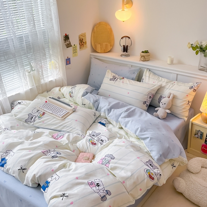 91家纺网 家纺一手货源 找家纺 曼之夏 2024新款全棉印花四件套 小狗日常