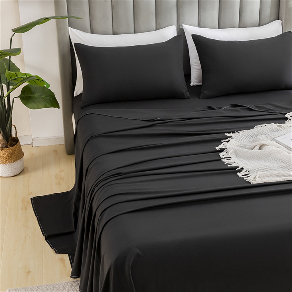91家纺网 家纺一手货源 找家纺 2025款跨境外贸纯色磨毛床单床笠套装 三、四件套床上用品 外贸专供可定制 黑色