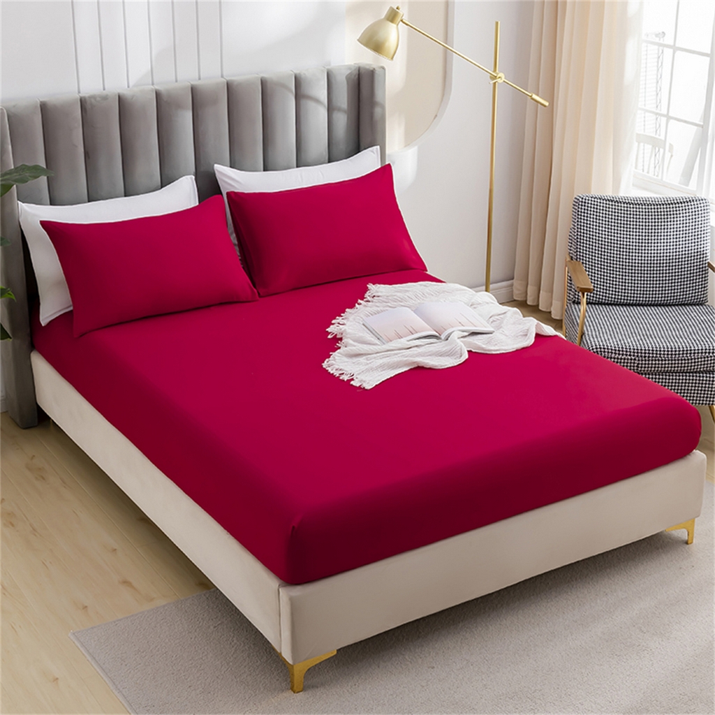 91家纺网 家纺一手货源 找家纺 2025款跨境外贸纯色磨毛床笠套装三件套床上用品 外贸专供可定制 酒红