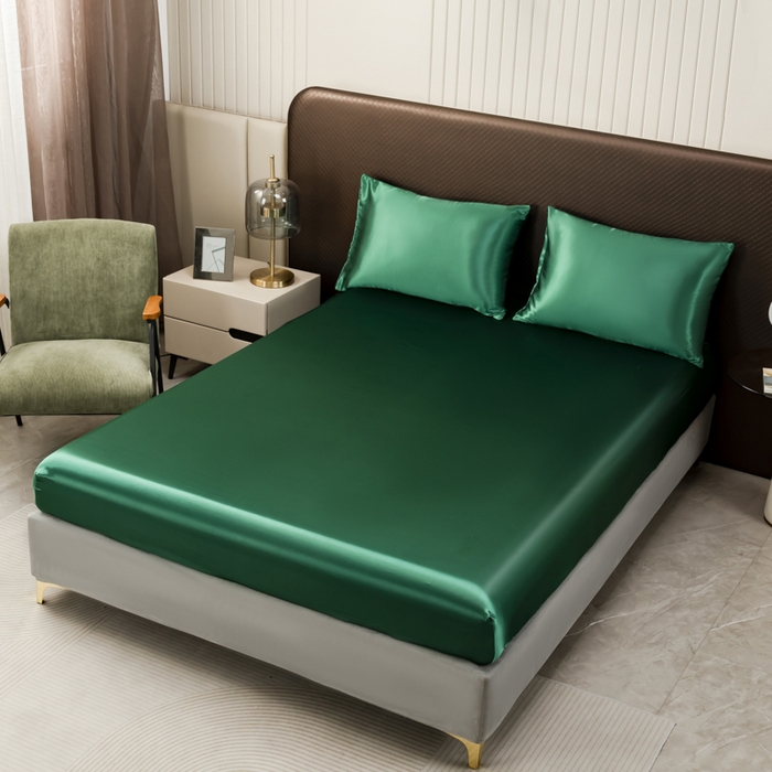 91家纺网 家纺一手货源 找家纺 2025款仿真丝色丁床笠+床单+枕套套装四件套床上用品跨境外贸纯色水洗真丝爆款 可定制 墨绿
