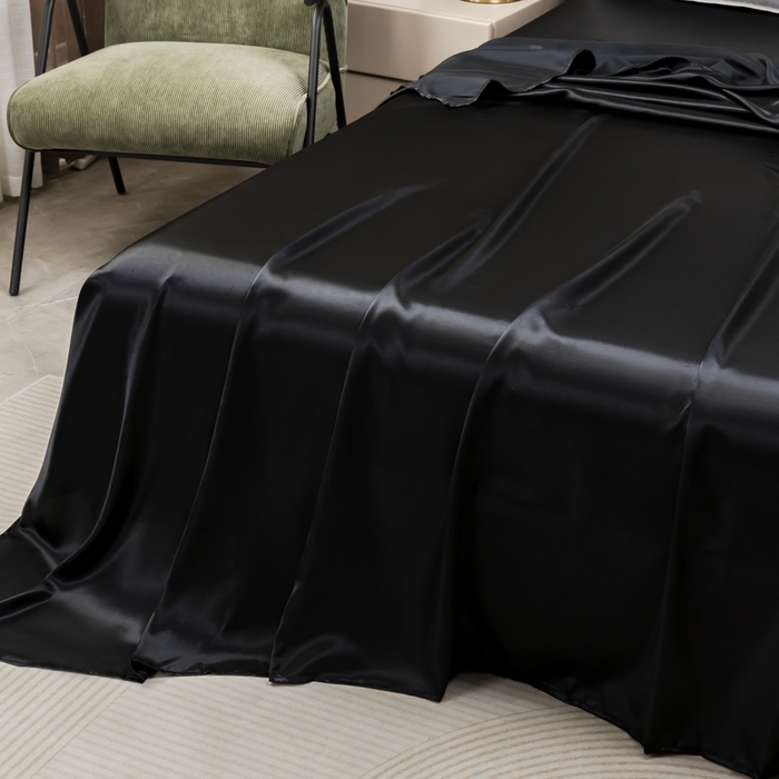 91家纺网 家纺一手货源 找家纺 2025款仿真丝色丁床单+枕套三件套跨境外贸纯色床单爆款床上用品 可定制 黑色