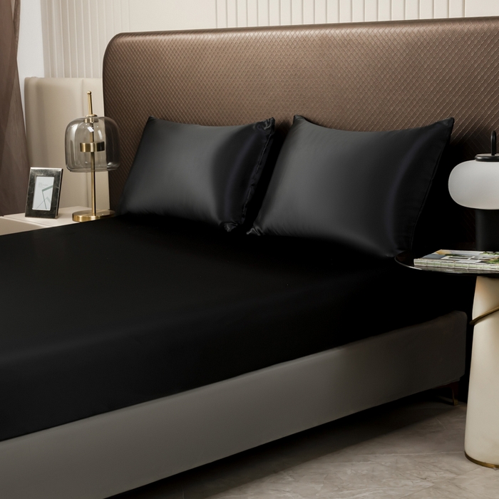 91家纺网 家纺一手货源 找家纺 2025款仿真丝色丁床笠+枕套套装三件套床上用品跨境外贸纯色床笠爆款可定制 黑色