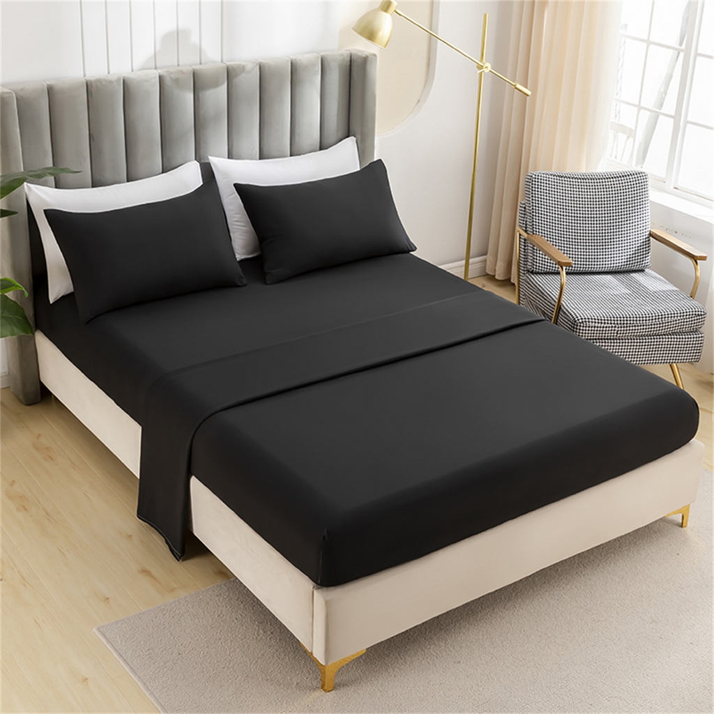 91家纺网 家纺一手货源 找家纺 2025款跨境外贸纯色磨毛床单床笠套装 三、四件套床上用品 外贸专供可定制 黑色