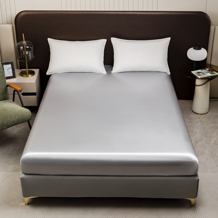 2025款仿真丝色丁床笠单件 跨境外贸纯色床笠爆款单件床上用品可定制 银灰