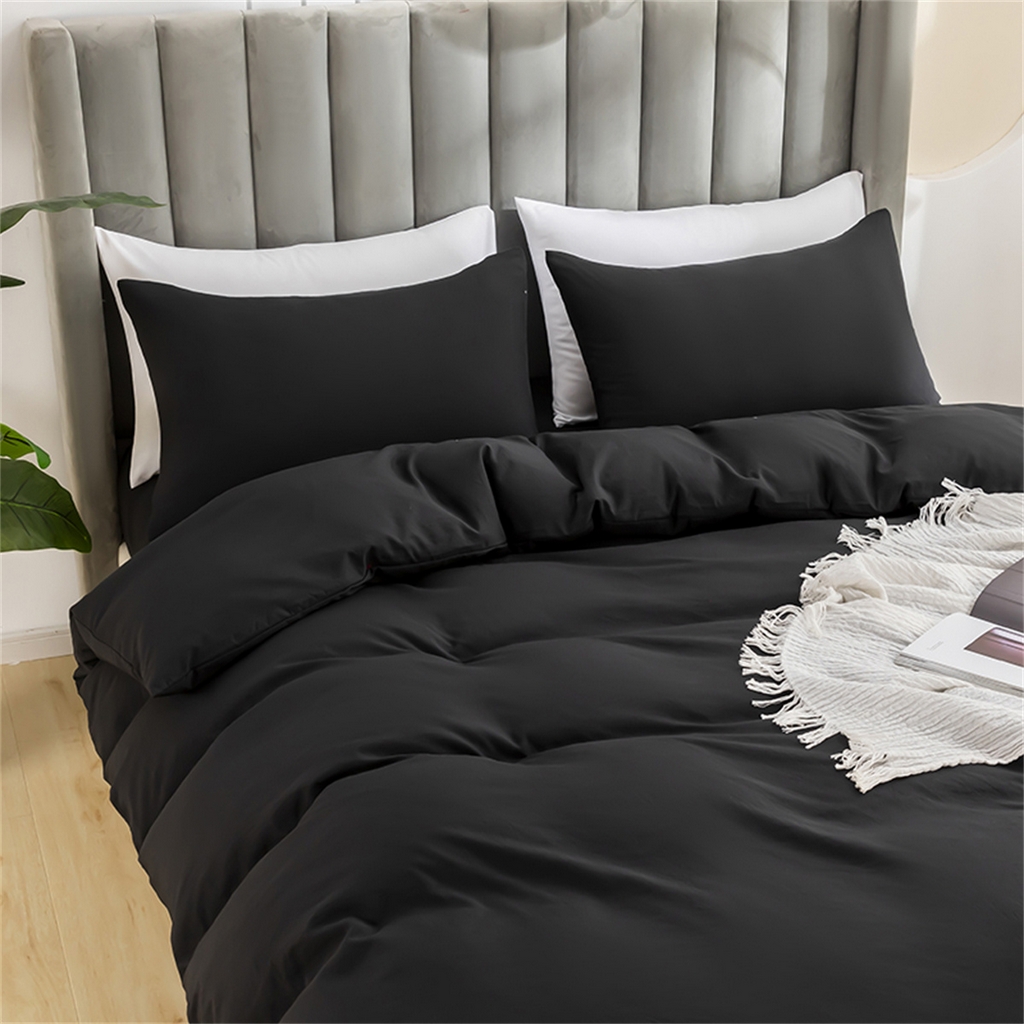 91家纺网 家纺一手货源 找家纺 2025款跨境外贸纯色磨毛枕套被套套件三件套床上用品外贸专供可定制 黑色