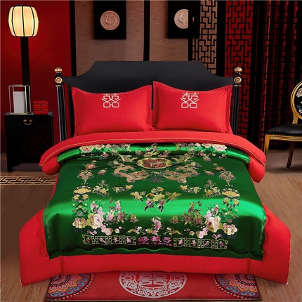 91家纺网 家纺一手货源 找家纺 （总）玉雅家纺 2025新款婚庆绸缎被面结婚喜被龙凤百子单被套