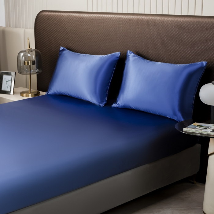 91家纺网 家纺一手货源 找家纺 2025款仿真丝色丁床笠+枕套套装三件套床上用品跨境外贸纯色床笠爆款可定制 宝蓝