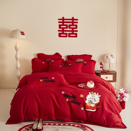 91家纺网 家纺一手货源 找家纺 玉雅 2025新款磨毛时尚毛巾绣婚庆四件套 婚庆毛巾绣-柿柿如意