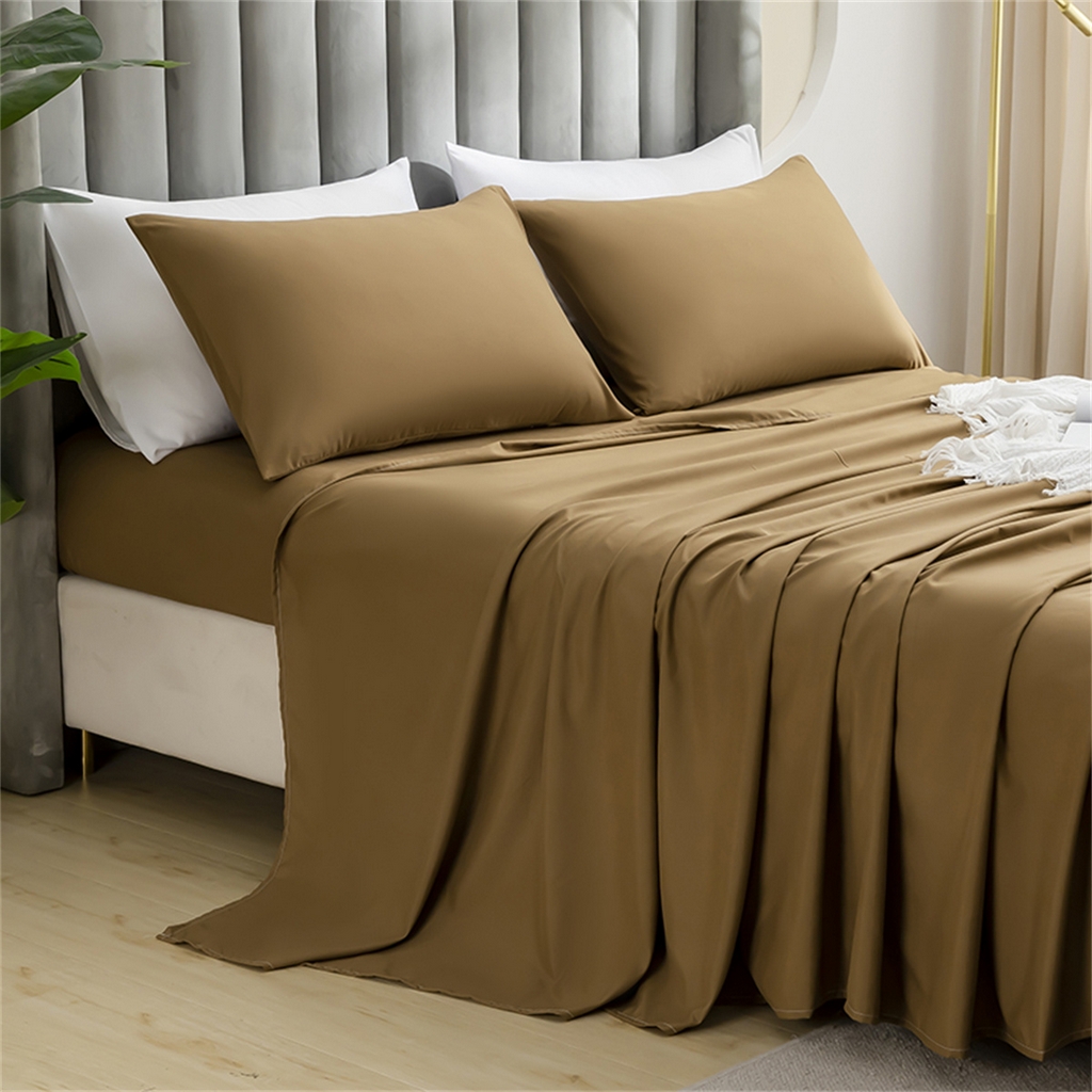 91家纺网 家纺一手货源 找家纺 2025款跨境外贸纯色磨毛床单床笠套装 三、四件套床上用品 外贸专供可定制 卡其